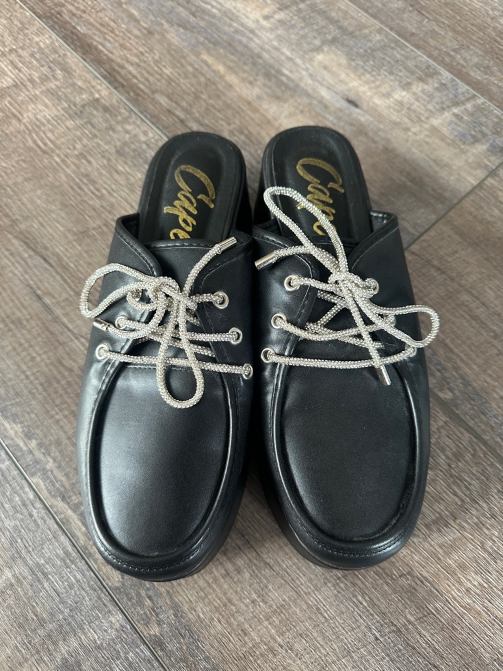 Cape Robbin Black Mules with Silver Laces